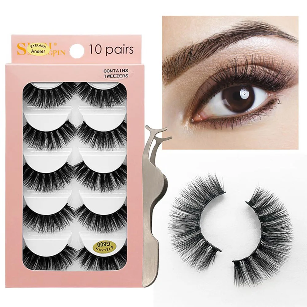 

10 Pairs False Eyelashes 3D Reusable Handmade Fake Eyelashes Set Long Thick Curly Eyelashes Extension with Lashes Applicator