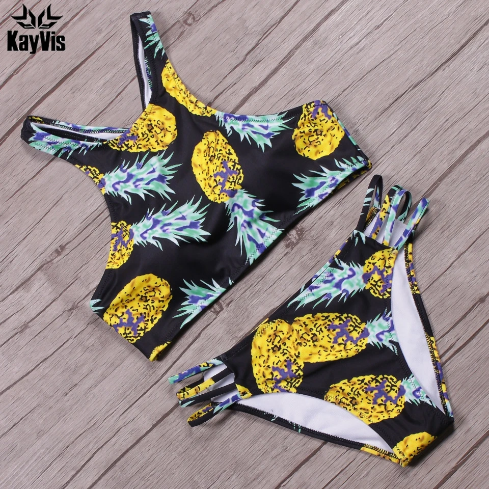 

KayVis High Neck Bikini Women Swimsuit 2019 New Sexy Print Pineapple Padded Push Up Swimwear Bikini Set Bathing Suit Swim Wear