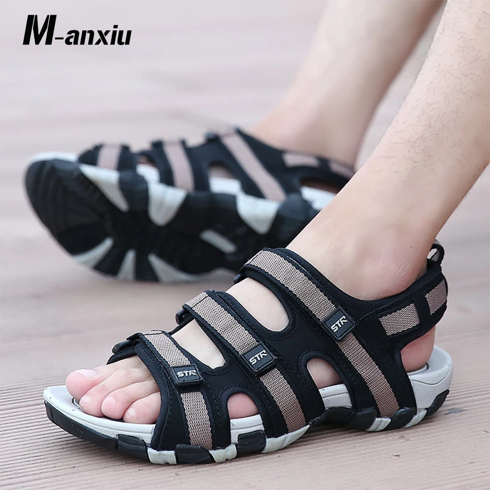 M Anxiu Men Peep Toe Rubber Sole Cross Strap Hook Loop Sandal 2018 Summer Casual Pu Antiskid Outdoor Shoes huismerk kopen in de aanbieding