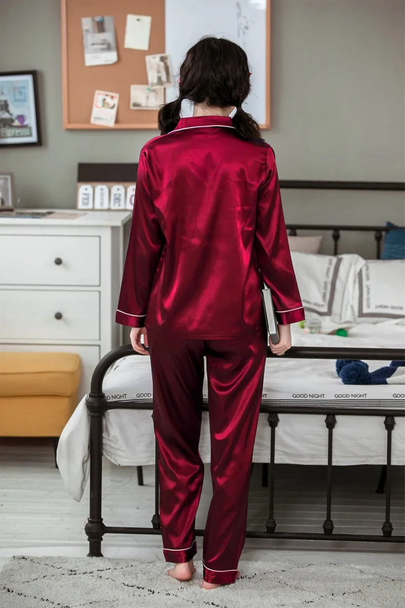 Рождественская Красная атласная пижама, Женская Роскошная Домашняя одежда больших размеров, однотонная с длинными рукавами из сатина, шелковая пижама, комплект, кардиган, осенняя Пижама