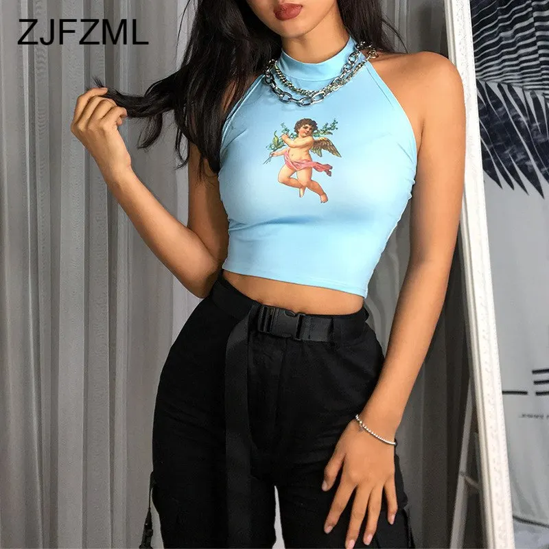 

Angel Print Cute Halter Sexy Streetwear Crop Top Women Sleeveless Backless Bralette Cropped Tops Club Bodycon Lace Up Cami Top