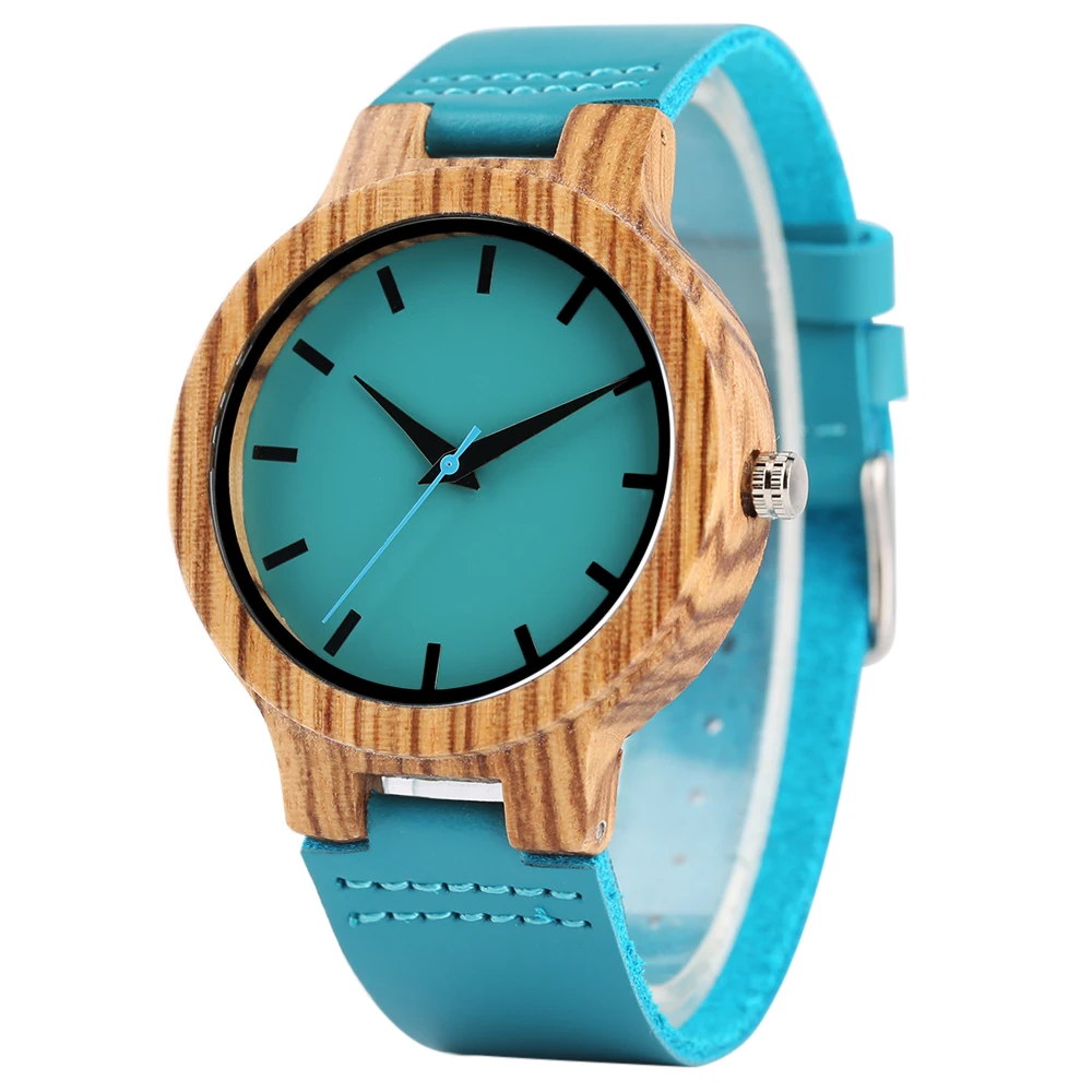 

Luxury Lovers Watches Women Natural Wooden Men Quartz Watch Turquoise Blue Leather Timepieces in Relogio Masculino Drop Shipping