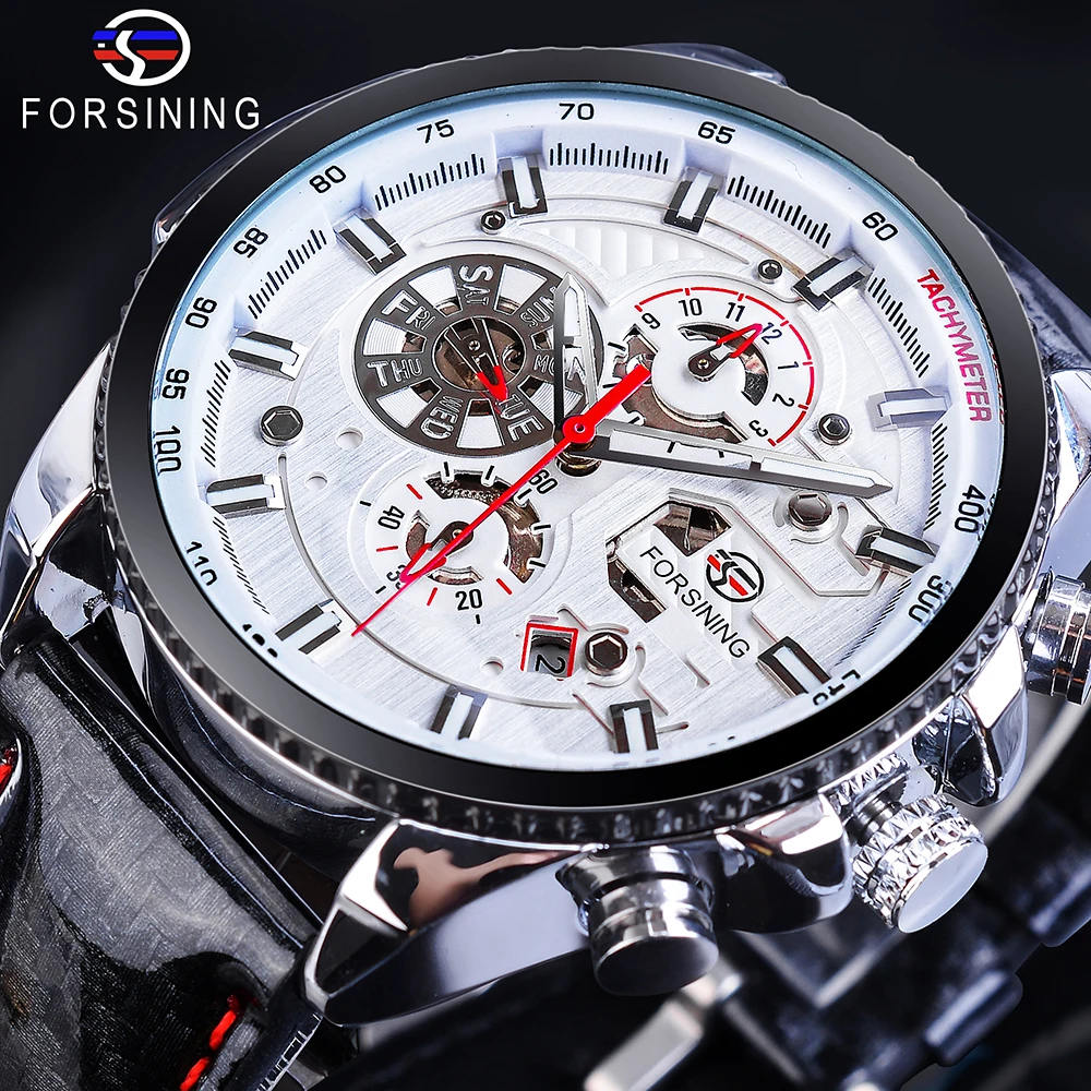 

Forsining Men's Automatic Sports Watch White Racing Car Design Calendar Bling Genuine Leather Self-Wind Mechanical Male Relogio