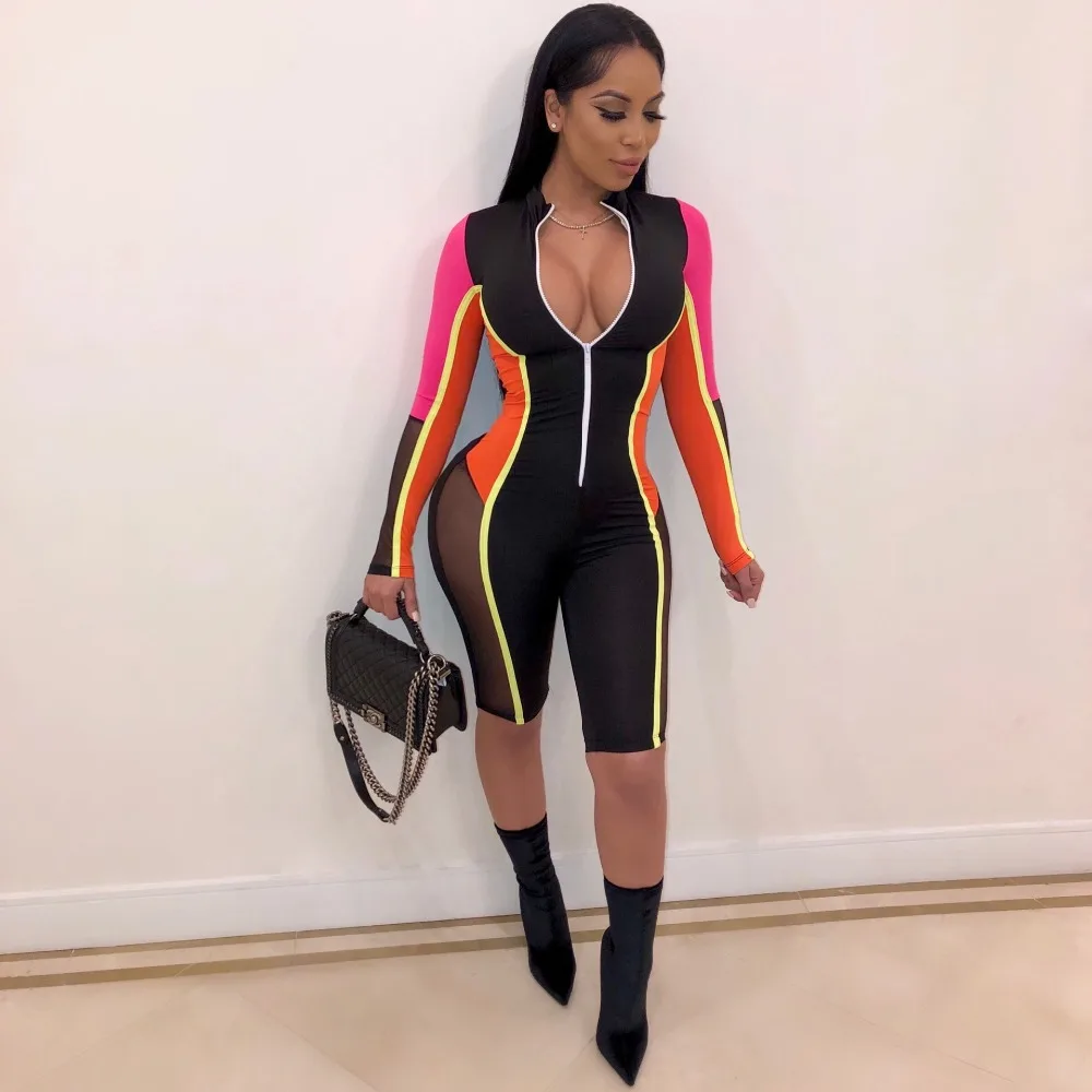 

JRRY Patchwork Skinny Women Playsuits Mesh Colorful Sexy Jumpsuits Turtleneck Zippers Front Short Jumpsuit High Street Bodysuit