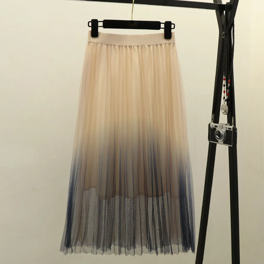 

Long Tulle Skirt Women 2019 Spring Summer Gradient Korean Elegant High Waist A-line Pleated School Midi Skirt Female Apr23