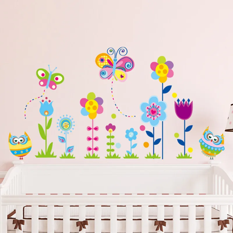 Cartoon Colorful Flowers Butterfly Owl Decorative Wall Stickers for