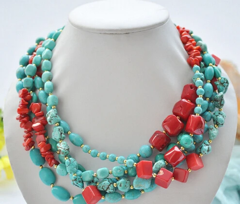 

Hot sell Noble- FREE SHIPPING>>@> A716 5row red coral & blue turquoise bead necklace