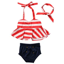 Для маленьких девочек Костюмы летняя одежда для детей, комплект бикини для маленькой девочки в полоску купальный костюм купальники пляжная одежда комплект из 3 предметов