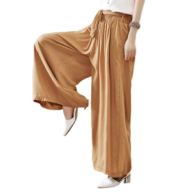 White Print Chinese Women Cotton Linen Pant Flower Wide
