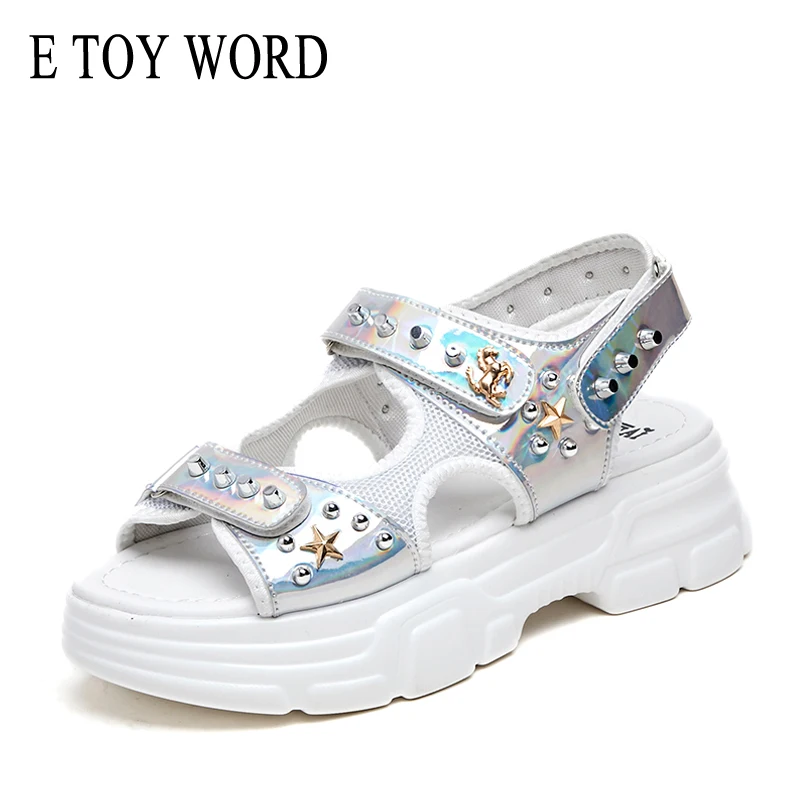 

E TOY WORD Sandals female summer 2019 new Korean wild rivet mid heel Muffin bottom platform Sandals student sports Women shoes