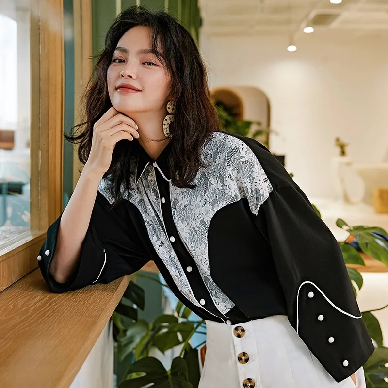 

2019 Spring Summer Original Design Gloria&Grace Black Patchwork Lace Casual Elegant Oversize Loose Blouse Shirt Top