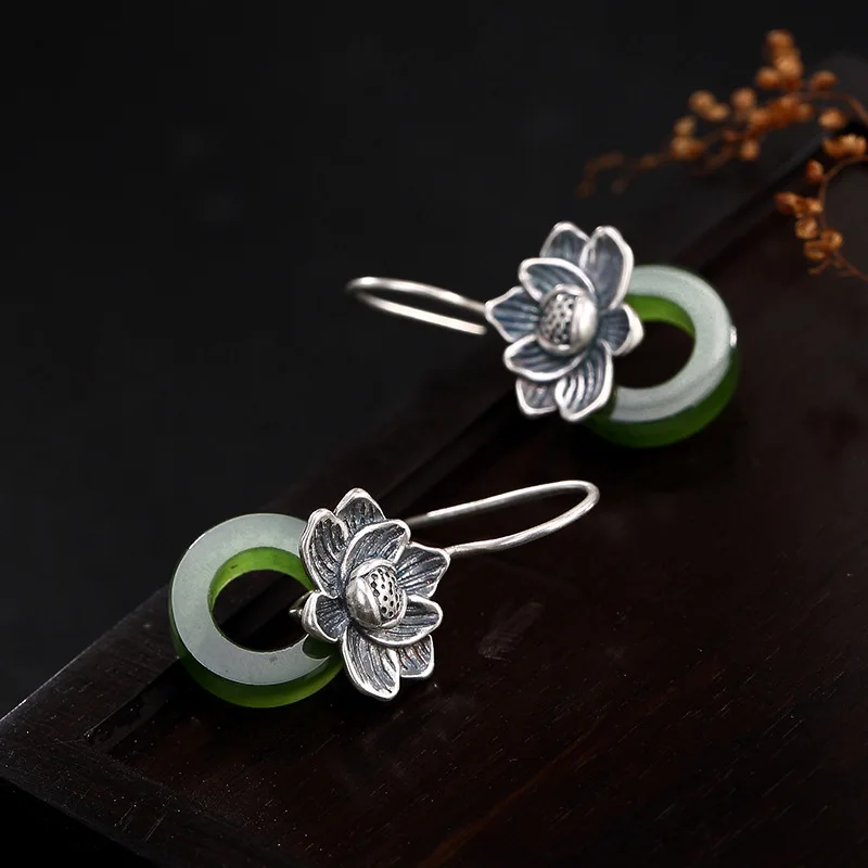 Серебряные сережки S925 из чистого серебра с натуральным нефритом И