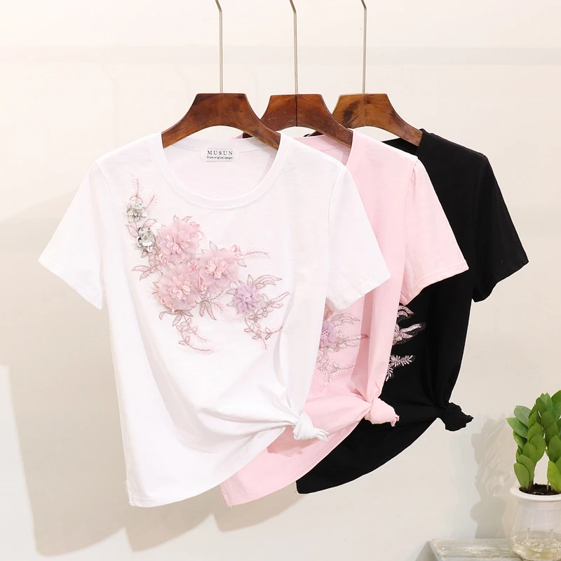 Bungalow Colonos ajo Camisetas bordadas de manga corta, Camiseta con cuello redondo, Tops de  verano para mujer, camisetas de lentejuelas con flores en 3D, camisetas  holgadas de moda coreana para mujer|Camisetas| - AliExpress