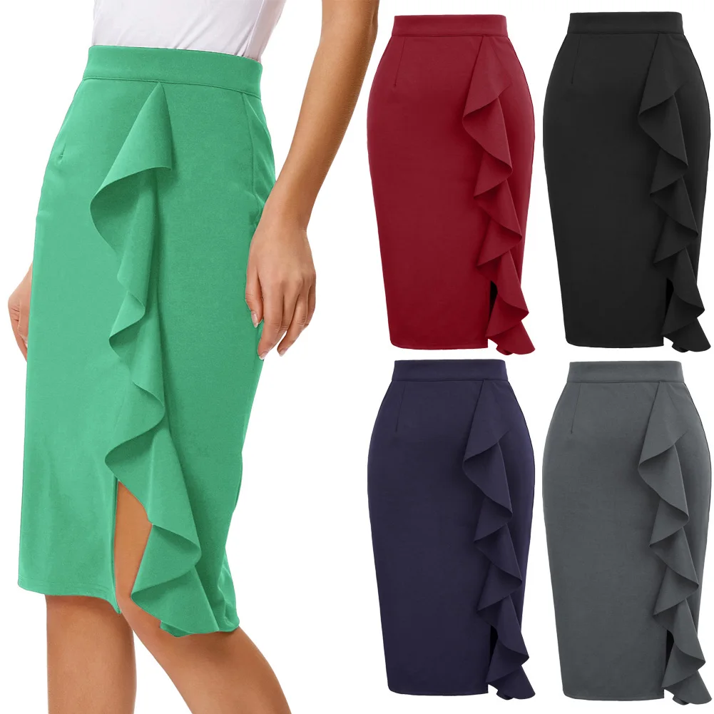 Юбки в деловом стиле, женская сексуальная летняя юбка-карандаш с большими рюшами и разрезом спереди, облегающая бедра, однотонная облегающая офисная юбка-карандаш falda