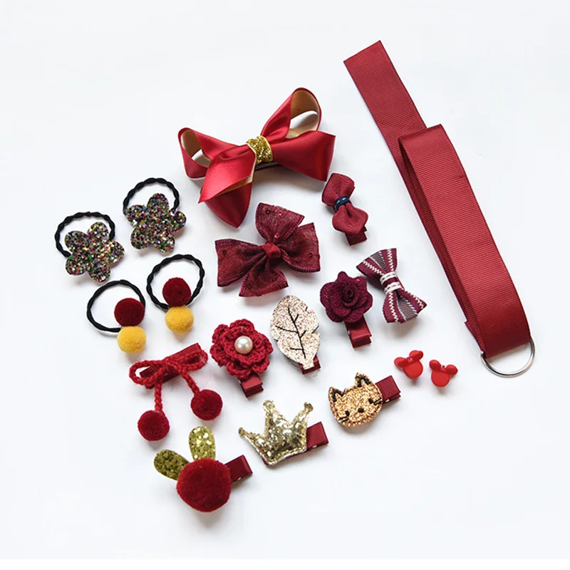 winered-Nobox Микс 18 шт./кор., бант из ленты, кролик заколки для волос для детей сатиновая тесьма Милая мультяшная заколка для волос для девочек, заколка в виде короны принцессы Головные уборы Подарок - Цвет: winered-Nobox