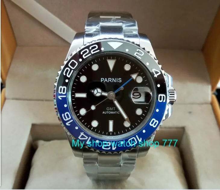 Achat 40mm PARNIS Saphir Cristal GMT Automatique machines mouvement lumineux montres homme Noir et lunette en céramique bleue xjp230A