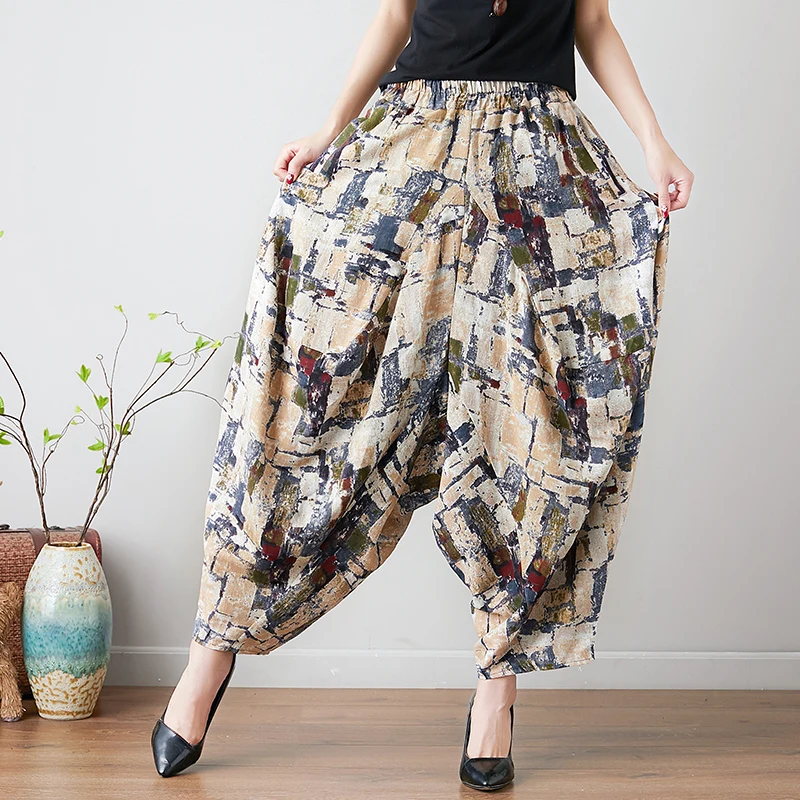

Women Cotton Linen Pants 2019 Spring Autumn Elastic Waist Casual Print Trousers Loose Pockets Wide Leg Long Pantalon Femme