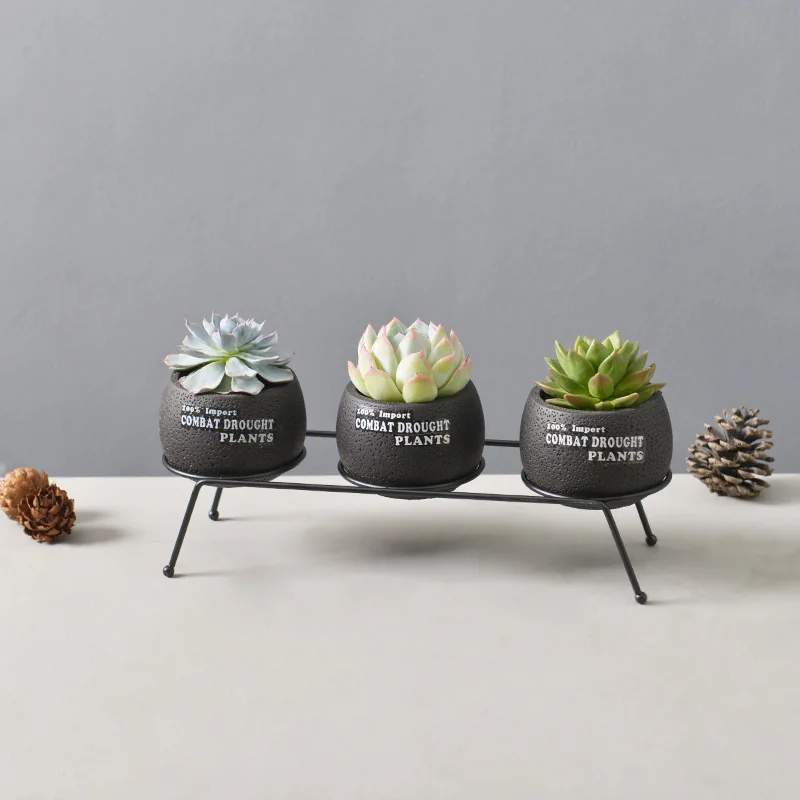 European Succulent Plant Cement Flower Pot Green Planter Flowerpot Home Garden Bonsai Pots With Iron Shelf 3 Pots Black Color European Succulent Plant Cement Flower Pot Green Planter Flowerpot Home Garden Bonsai Pots With Iron Shelf 3 Pots Black Color