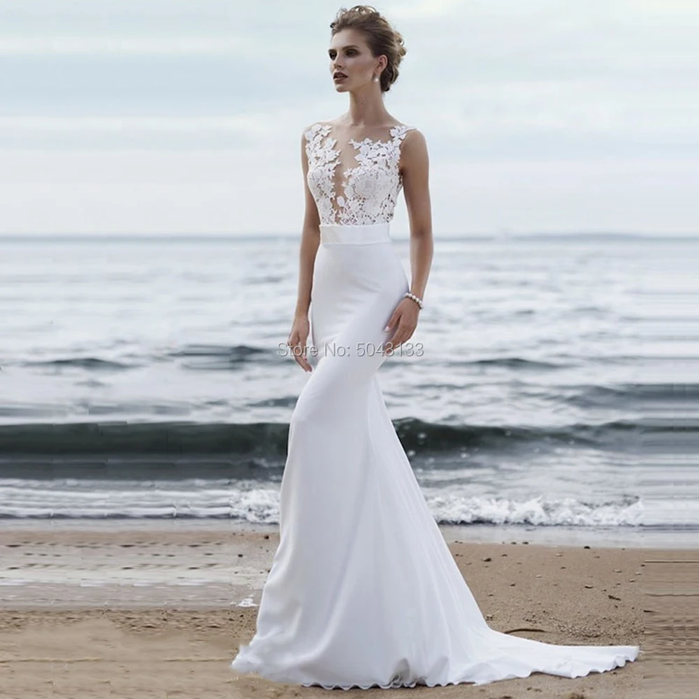 

Sexy Mermaid Beach Wedding Dresses O-Neck See Through Top Sleeveless Chiffon Bridal Wedding Gowns Vestido De Noiva