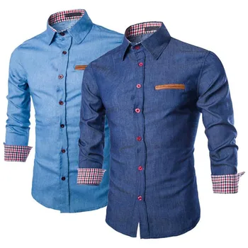

2019 Fashion Mens Denim Shirt Long Sleeve Plus Size Cotton Jeans Cardigan Casual Slim Fit Shirts Men One-pocket Tops Clothing