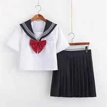 Женская летняя белая рубашка с коротким рукавом+ черная юбка+ Бант, Корейская школьная форма для девочек, комплект японской школьной формы