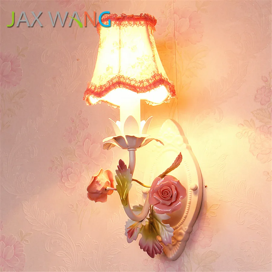 

European and American Rural Style Wall Lamp Bedroom Girl Princess Rose Flowers Wall Light Lobby Balcony Stairs Flower Sconces