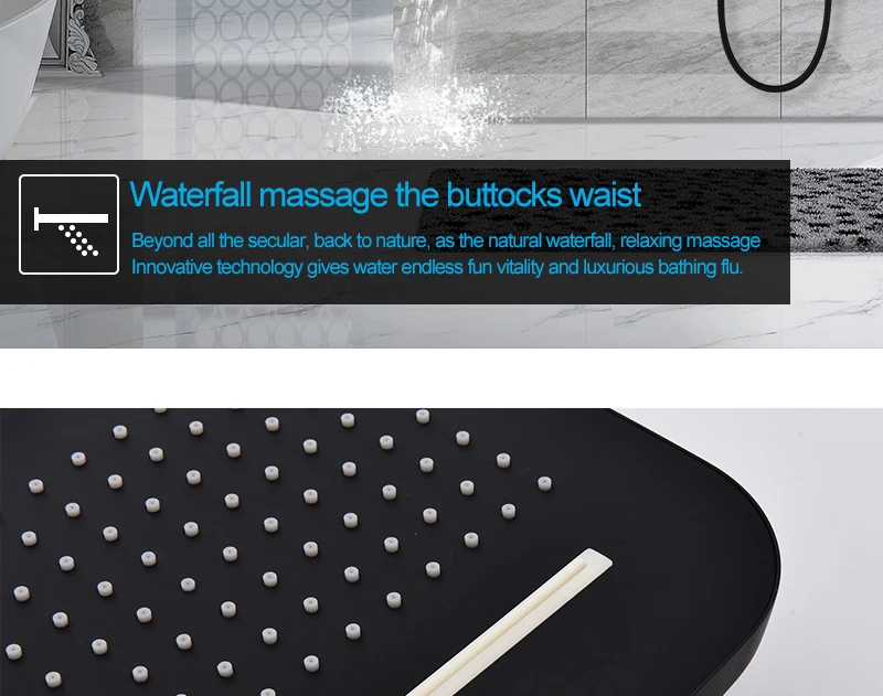 DCAN Brass Black Bathroom Rain Waterfall Shower Panel Set Thermostatic Massage System Tub Faucet with Jets & Hand Shower System (11)