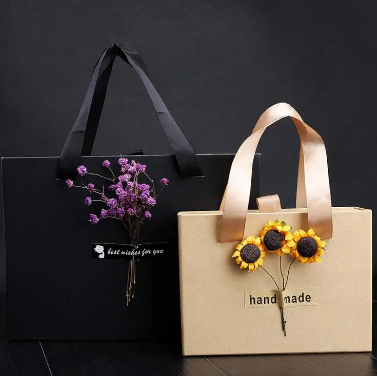 

TECHOME Kraft Paper Black Drawer Gift Box Package Portable Rectangle Gift Box with Flower Wedding Party Festival Gift Box