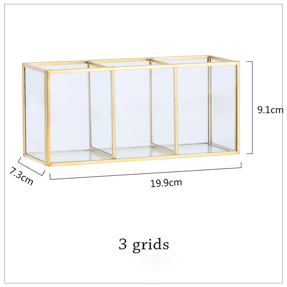Vintage Makeup Storage Box Gold Glass Dressing Table Jewelry Classification Decorative Cosmetic Organizer Makeup Brushes Holder - Цвет: 3 grids