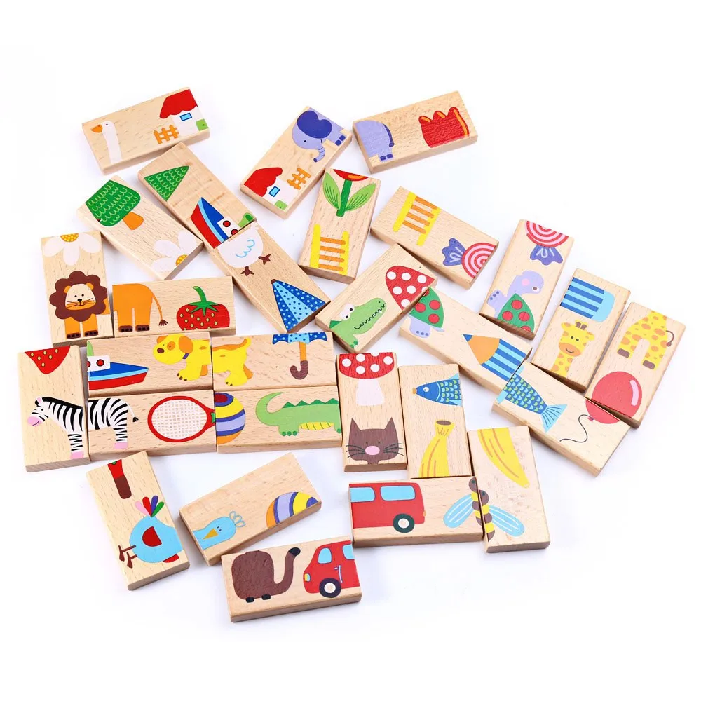 

28pcs Domino Building Blocks Kids Cartoon Animal Image Colored Assembling Blocks Baby Educational Toys For Children Special Gift