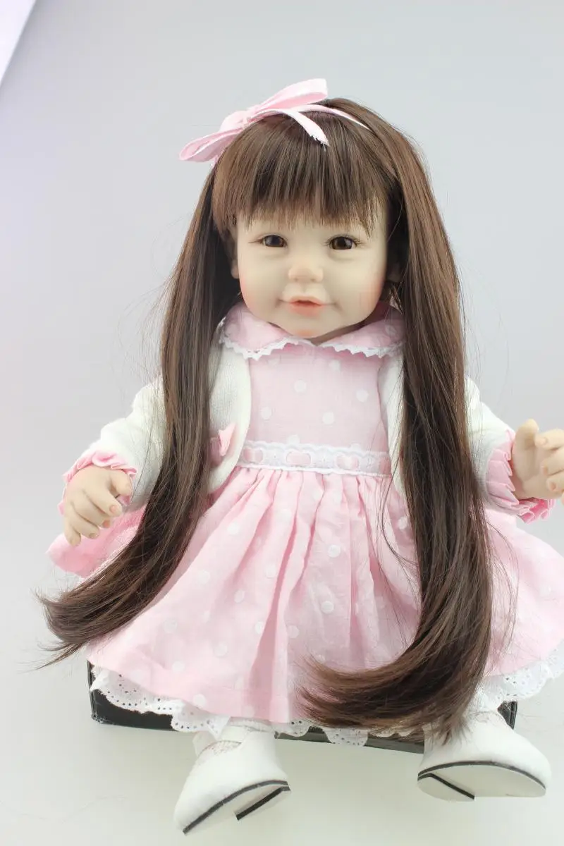 

New 52cm silicone reborn baby dolls real girl brown long hair pink dress bebe alive bonecas girls toys