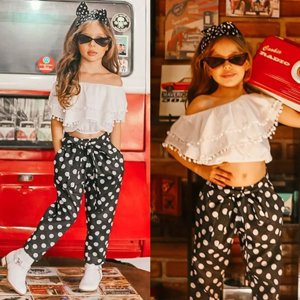 

clothes for girl 14 years Toddler Kids Baby Girls PomponTassel Flying Off shoulder Crop Tops Dot Pants Headband Outfits