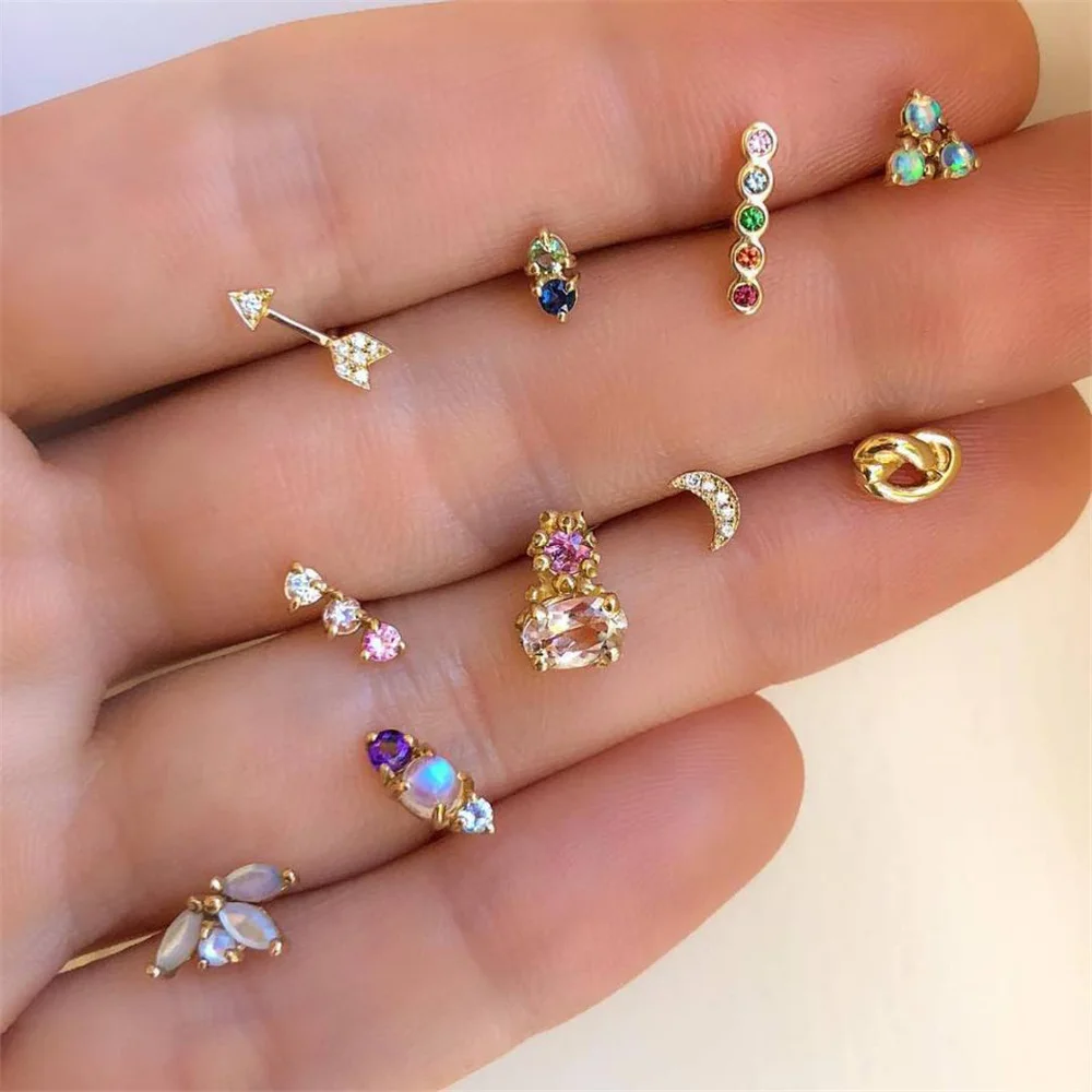 

10 Pcs/set Lady Earring Set Crystal Moon Arrow Geometry Gem Gold Stud Earring Fashion Party Wedding Earring Jewelry Accessories