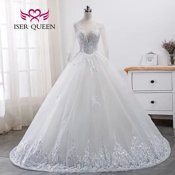 

Long Sleeve Hollow Back Dubai Wedding Dress Wedding Gowns Champagne Beading Embroidery Vestido De Novia WX0007