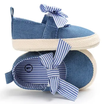 

Baby Girls Princess Shoes Infant Toddler Crib Bebe Kids First Walkers Canvas Striped Big Bow Soft Soled Anti-Slip Shoes