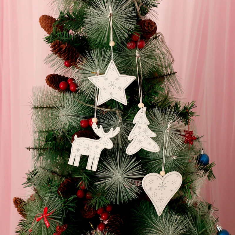 

2pc Christmas Tree Ornament Xmas Decorations White Wooden Elk Tree Star Hanging Pendant Christmas Decorations for Home New Year