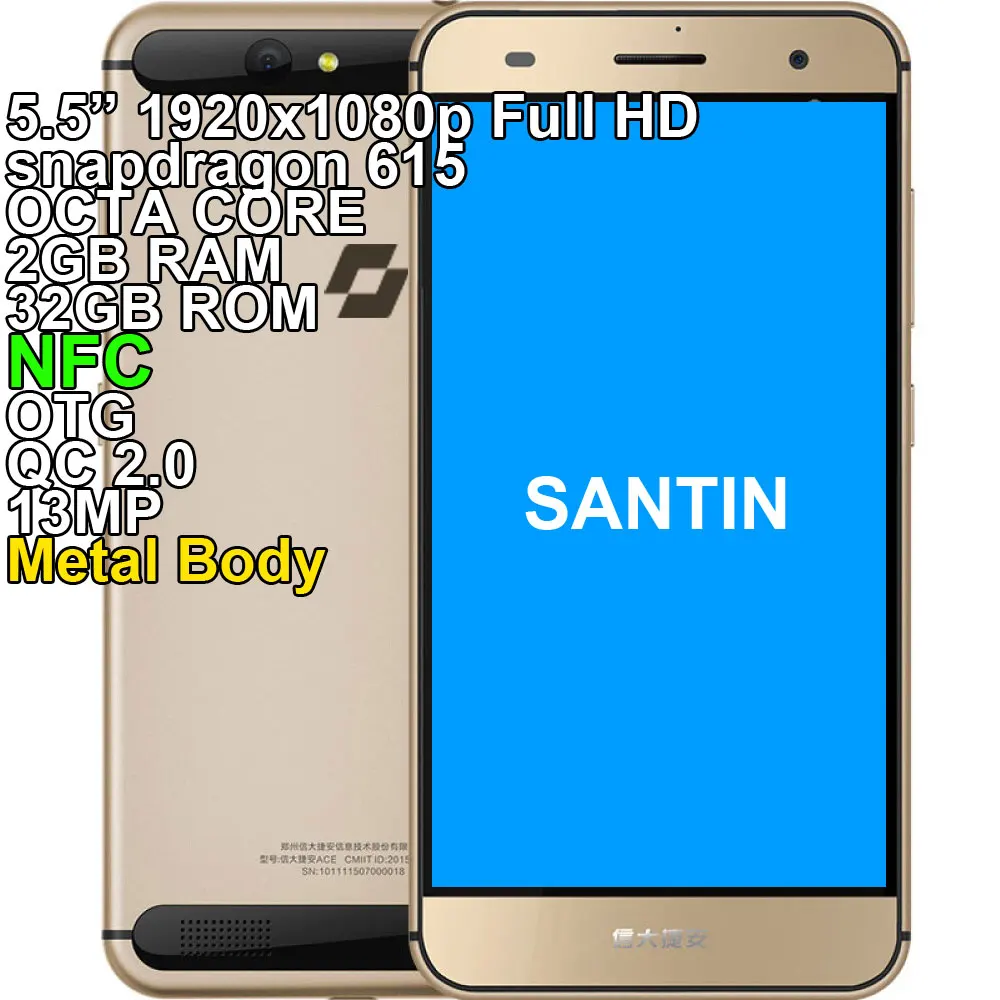 Металлический корпус SANTIN ACTOMA ACE 5," Full HD NFC OTG Corning glass Snapdragon 615 Octa Core 32 ГБ rom 13 МП смартфон 4G LTE телефон