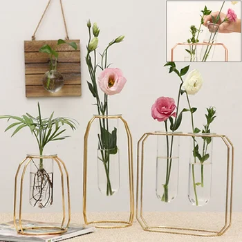 

Nordic Style Glass Iron Art Vase Rose Gold Ceometric Shape Flowerpot Home Wedding Decoration Accessories