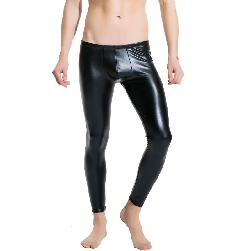 Looch low waist male long johns plus velvet thickening warm pants sexy elastic PU legging tight