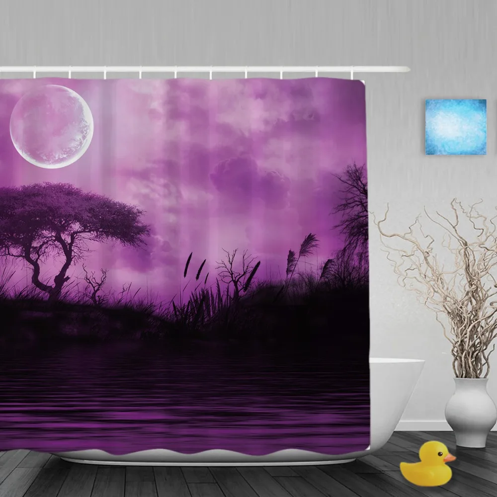 3D Natural Scene Shower Curtain Evening Forest Lake Bathroom Curtains