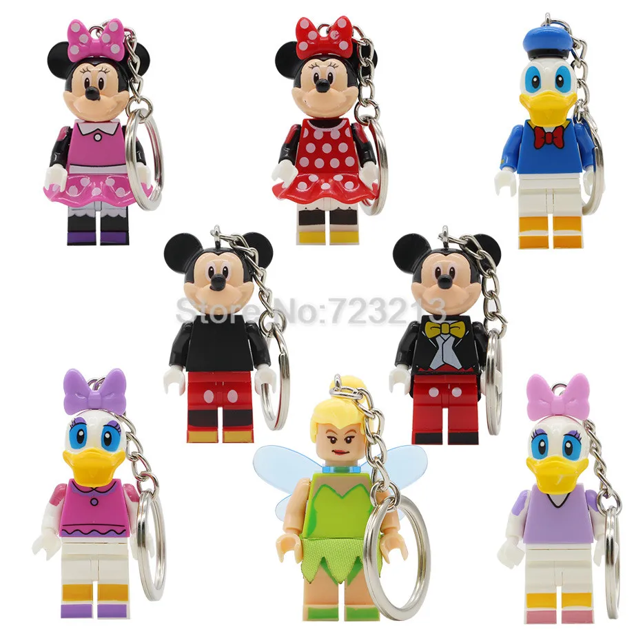 

8pcs/lot Cartoon Mickey Minnie Figure Set Tinker Bell Keychain Set Donald Duck Daisy Building Blocks Toys for Children