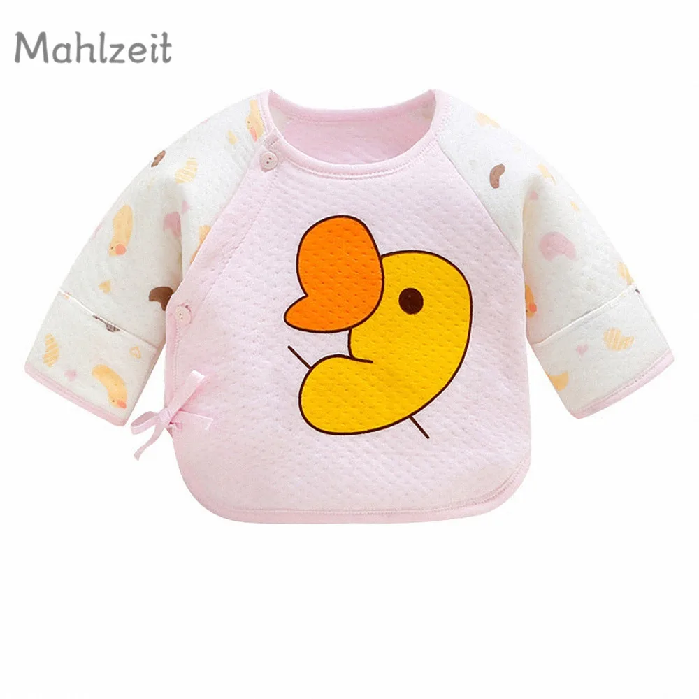Новая Осенняя теплая верхняя одежда для маленьких мальчиков и девочек, милое нижнее белье из хлопка с полуспинкой для детей 0-3 месяцев, мягкая футболка для сна для малышей