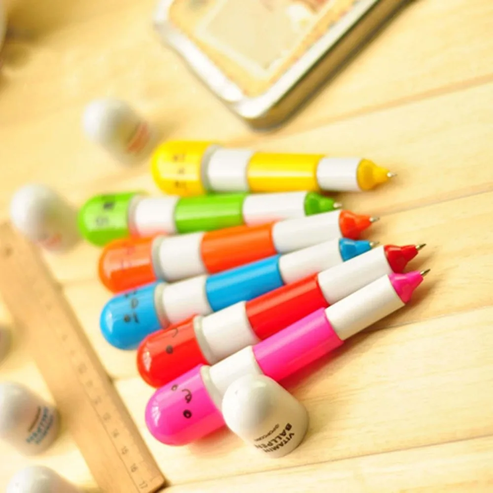 Cute Cartoon Ballpoint Novelty Pill Shape Smile Face Ballpoint Pen Retractable Mini Pen Stationery Student School Supplies