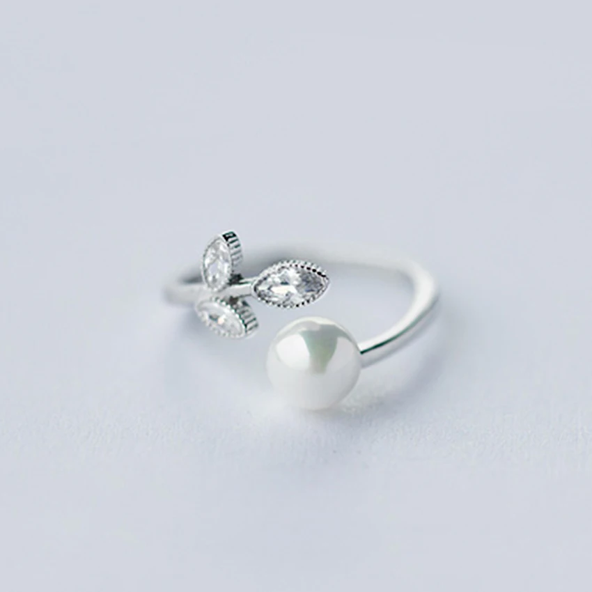 QIMING Real Pure 925 Sterling Silver Peal Leaf Wedding Rings for Women Crystal Ring Fashion Vintage Sterling Silver Jewelry