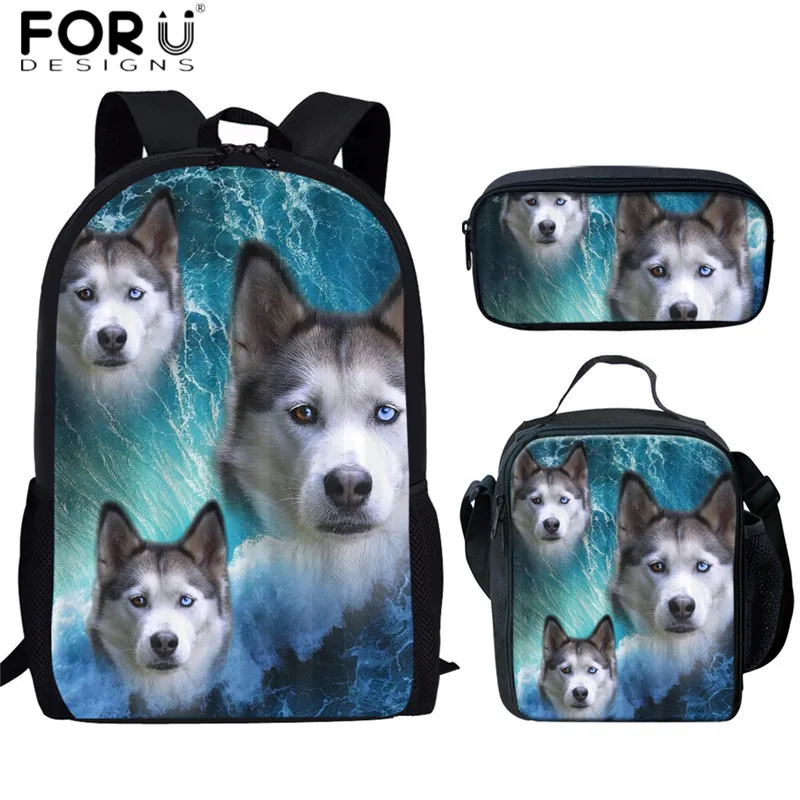 

FORUDESIGNS 3pcs/set School Bags Siberian Husky On Ocean Design Children Travel Laptop Backpack Multifunction Schoolbag Food Bag