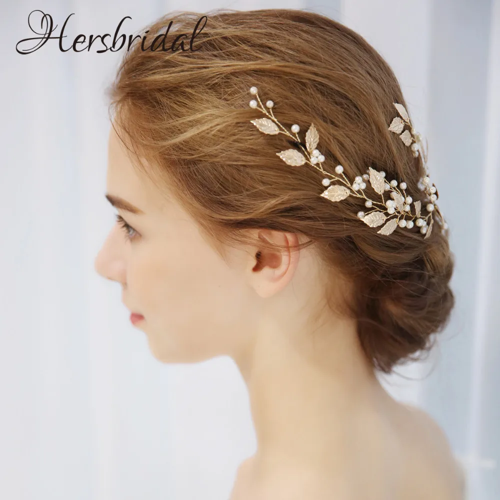 Antique Gold Leaf Bridal Headpiece Handmade Wedding Wreath Pearls Hair Adornments For Brides 2018  (9)