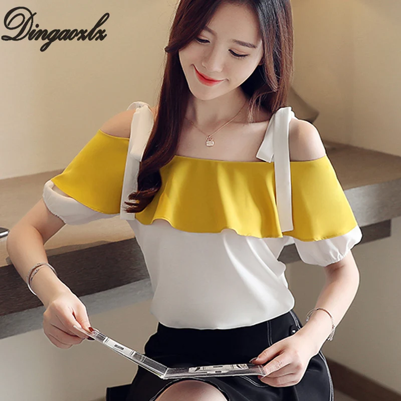 

Dingaozlz New Elegant Chiffon shirt Summer Roupas feminina Short-sleeved Ruffles Female Tops Bow tie Women blouse
