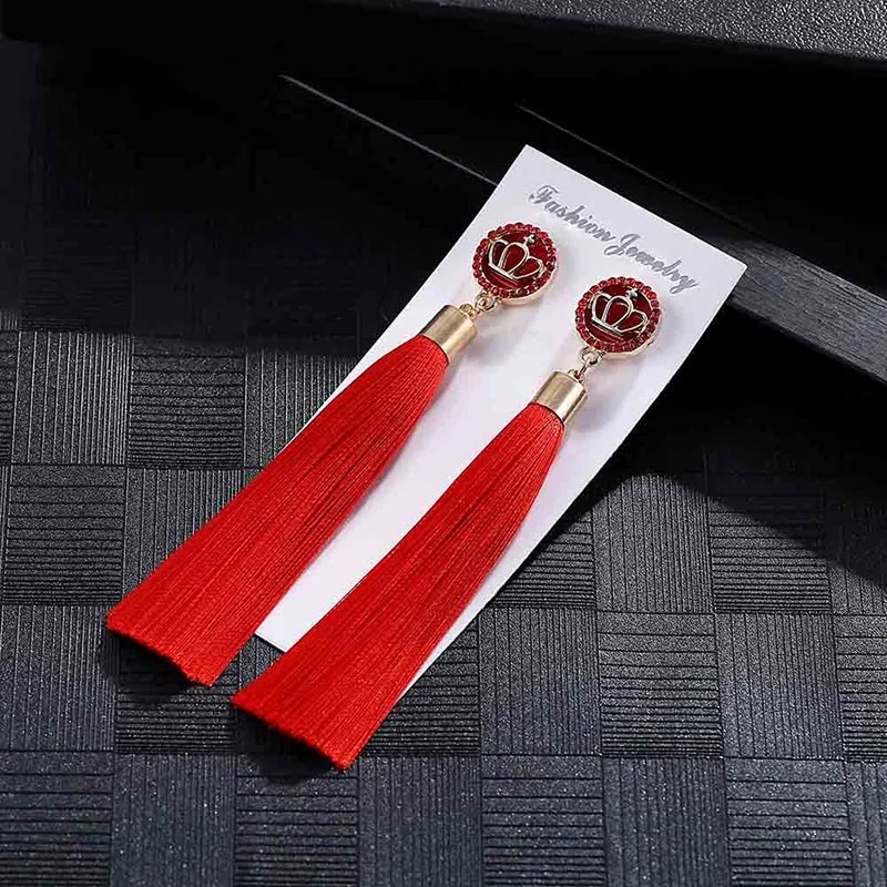 E5858 Trendy Earrings Drop Earrings CrownSilkDangleLongBohemianBlueMetalBohoGold Tassel Earrings For Women Jewelry