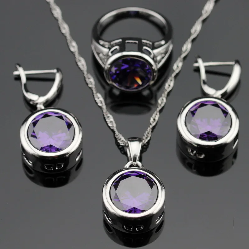 WPAITKYS серебряный цвет Ювелирные наборы для женщин круглый фиолетовый кубический цирконий кулон ожерелье серьги кольца подарочная коробка