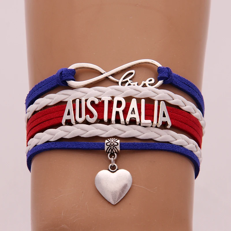 Drop Shipping Infinity love National Flag Australia Bracelet heart Charm leather bracelets